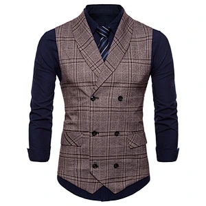 Cotton Chalecos Hombre Double Breasted Men Vest Waistcoat Formal Slim Fit Busniess Clothes Plaid Suit Vest Men