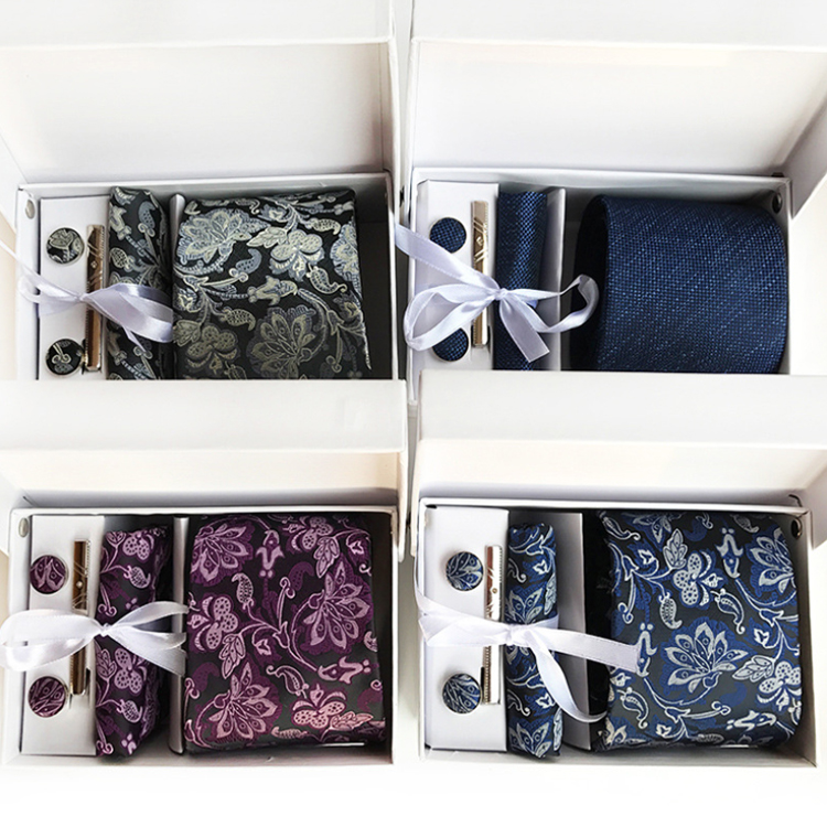 Fashion Neckties With Pocket Squares Custom Men Ties and Hanky Set Floral Tie Clip Pocket Square and Cufflink Set Gift Box