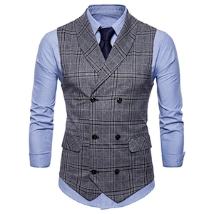 Cotton Chalecos Hombre Double Breasted Men Vest Waistcoat Formal Slim Fit Busniess Clothes Plaid Suit Vest Men