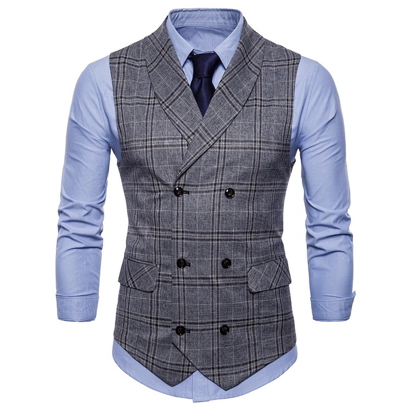 Cotton Chalecos Hombre Double Breasted Men Vest Waistcoat Formal Slim Fit Busniess Clothes Plaid Suit Vest Men