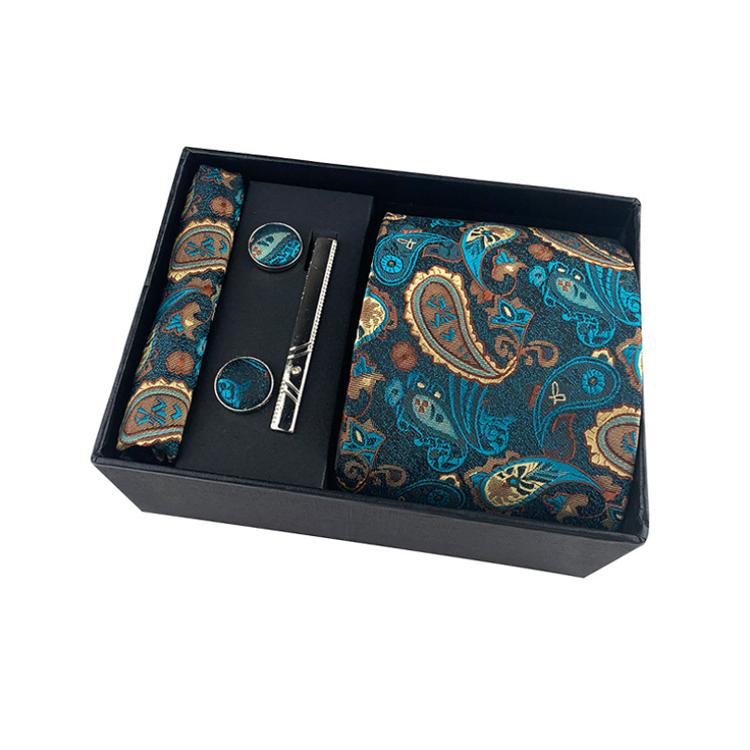 Fashion Tie Clip Pocket Square and Cufflink Set Gift Box Custom Men Ties and Hanky Set Floral Neckties With Pocket Squares