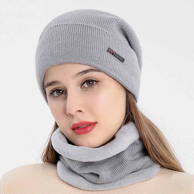 Neck warmer knitted hat scarf set fur Wool Lining Thick Warm Knit beanies Winter Hat For men women Cap
