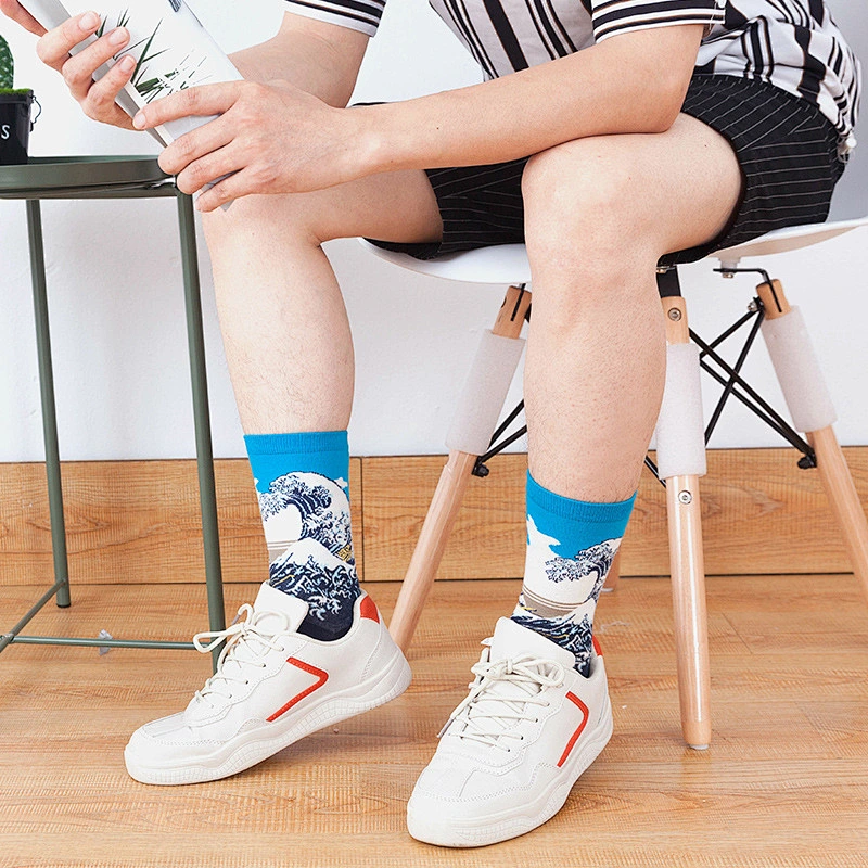 Custom Logo Wholesale Knitted Woven Fashion Colorful Fun Crew Cotton Popular Oil Painting Mens Funny Socks