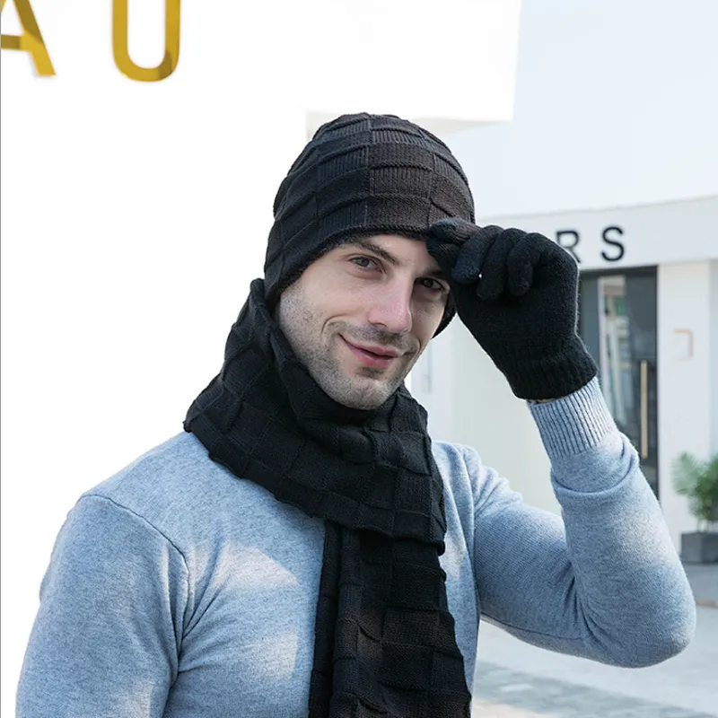 New Arrival Men Winter Warm Knit Beanie Hat Cap and Scarf Gloves 3 piece Set
