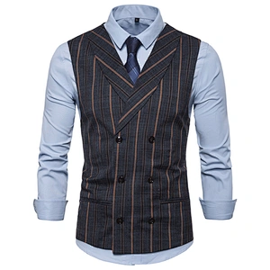Smart Casual Striped Gilet Vest Formal Men Vest Waistcoat Double Breasted Cotton Suit Vest Men