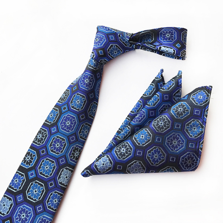 Casual Men Ties and Hanky Set Fashion Floral Neckties with Pocket Square Navy Ensemble Cravate Mouchoirs