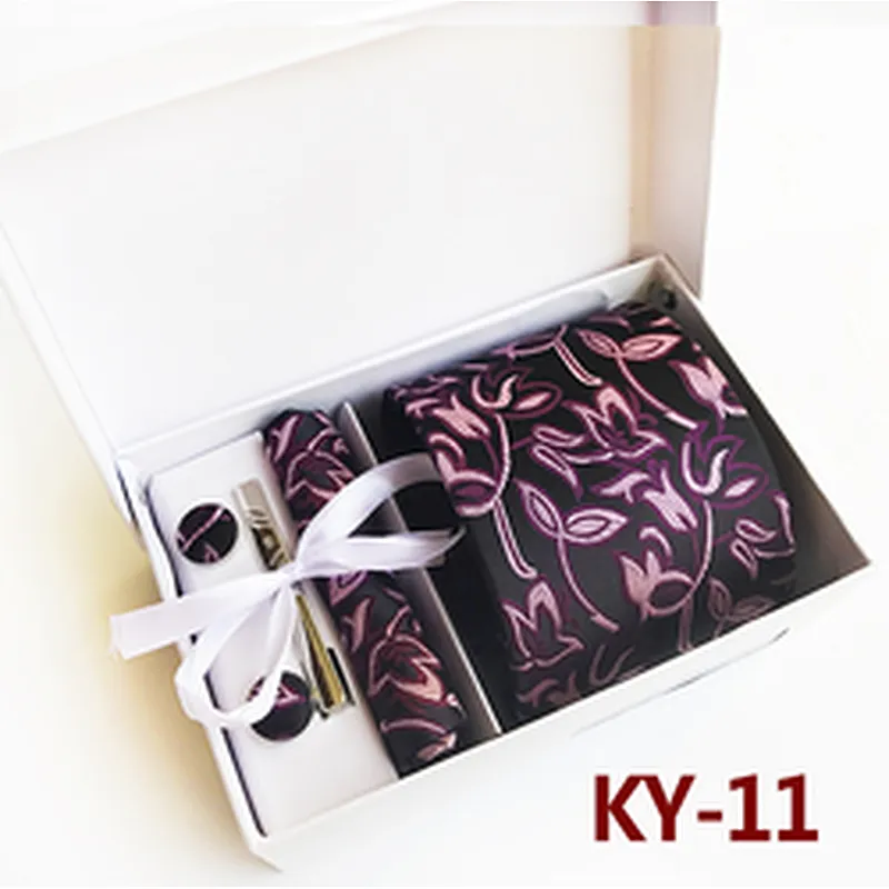 Floral Tie Clip Pocket Square and Cufflink Set Gift Box Fashion Neckties With Pocket Squares Custom Men Ties and Hanky Set