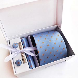 Luxury Tie Clip Pocket Square and Cufflink Set Gift Box Custom Men Ties and Hanky Set Dot Neckties with Pocket Squares