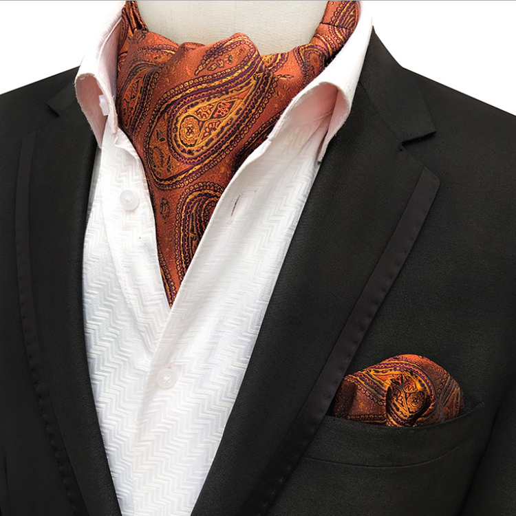 Fashion Paisley Folard Mens Ascot Casual Cravate Homme Polyester Handkerchief for Men Jacquard Woven Hanky Set