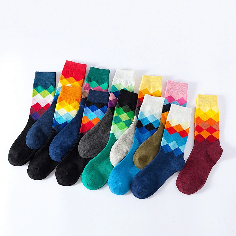 Wholesale custom cotton men colorful funny socks diamond pattern socks