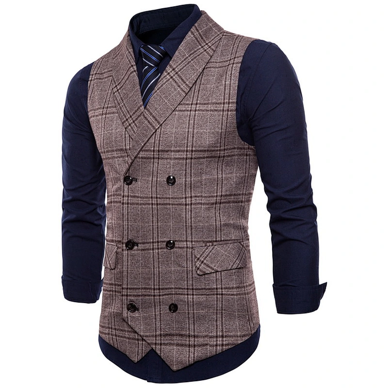 Cotton Chalecos Hombre Double Breasted Men Vest Waistcoat Formal Slim Fit Busniess Clothes Plaid Suit Vest Men