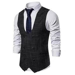 Casual Men Vest Waistcoat Formal Plaid Suit Vest Men Double Breasted Cotton Chalecos Hombre