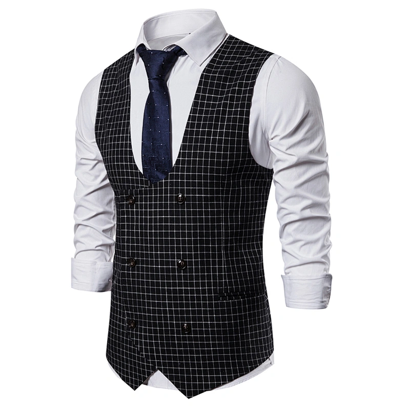 Casual Men Vest Waistcoat Formal Plaid Suit Vest Men Double Breasted Cotton Chalecos Hombre