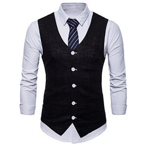Single Breasted Suit Vest Men Formal Solid Chalecos Hombre Casual Flax Men Vest Waistcoat
