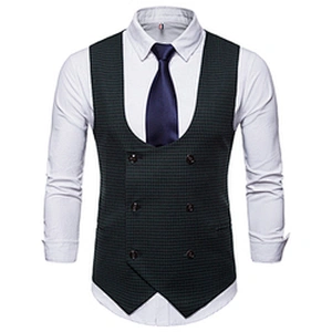 Cotton Chalecos Hombre Casual Double Breasted Men Vest Waistcoat Formal Plaid Suit Vest Men