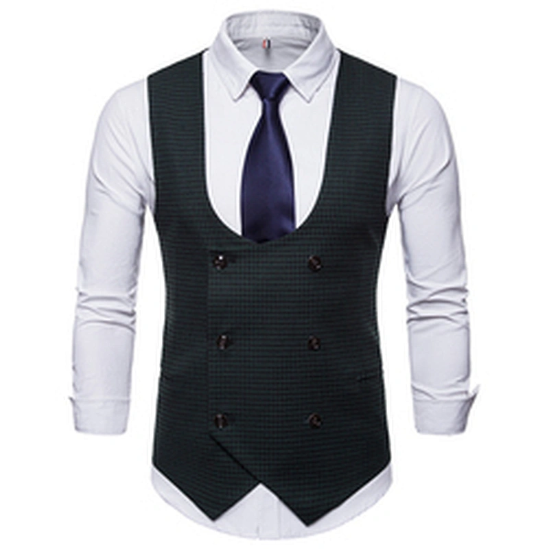 Cotton Chalecos Hombre Casual Double Breasted Men Vest Waistcoat Formal Plaid Suit Vest Men