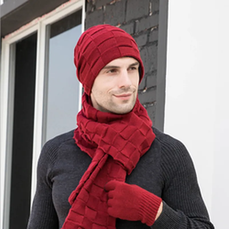 Hot Selling Men Winter Warm Knit Beanie Hat Cap and Scarf Gloves 3 piece Set