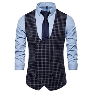 Casual Men Vest Waistcoat Formal Plaid Suit Vest Men Double Breasted Cotton Chalecos Hombre