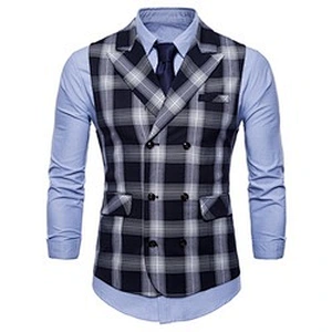 Formal Lattice Suit Vest Men Double Breasted Gilet Vest Red Cotton Men Vest Waistcoat