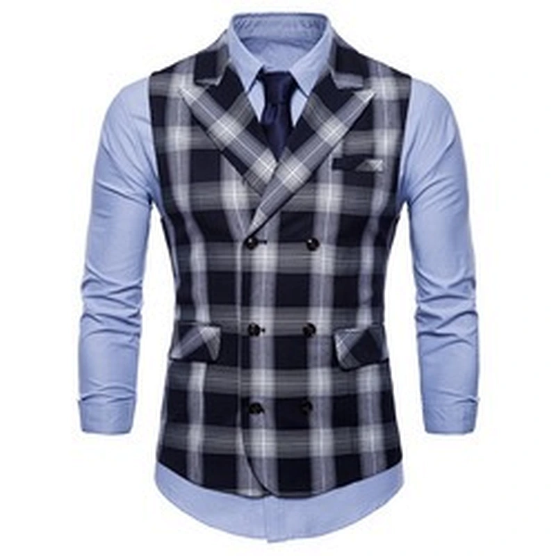 Formal Lattice Suit Vest Men Double Breasted Gilet Vest Red Cotton Men Vest Waistcoat