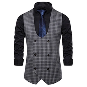 Casual Men Vest Waistcoat Formal Plaid Suit Vest Men Double Breasted Cotton Chalecos Hombre