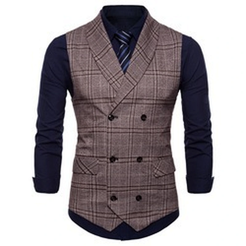 Cotton Chalecos Hombre Double Breasted Men Vest Waistcoat Formal Slim Fit Busniess Clothes Plaid Suit Vest Men