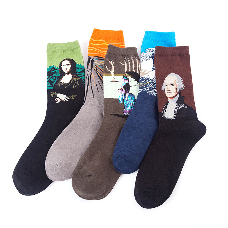 Custom Logo Wholesale Knitted Woven Fashion Colorful Fun Crew Cotton Popular Oil Painting Mens Funny Socks