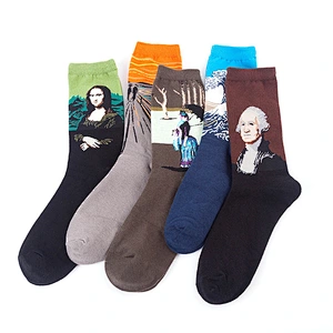 Custom Logo Wholesale Knitted Woven Fashion Colorful Fun Crew Cotton Popular Oil Painting Mens Funny Socks