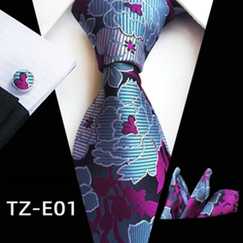 Luxury Necktie Set Gift Box Custom Floral Tie Pocket Square And Cufflink Set Polyester Wovenl Mens Neck Tie Set Box