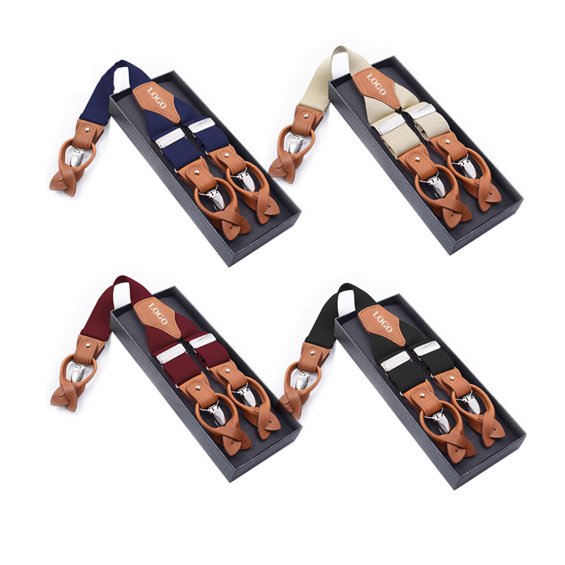 Wholesale custom Men's 6-Piece Button Adult Strap Dual-use Brown Leather Casual Suspenders