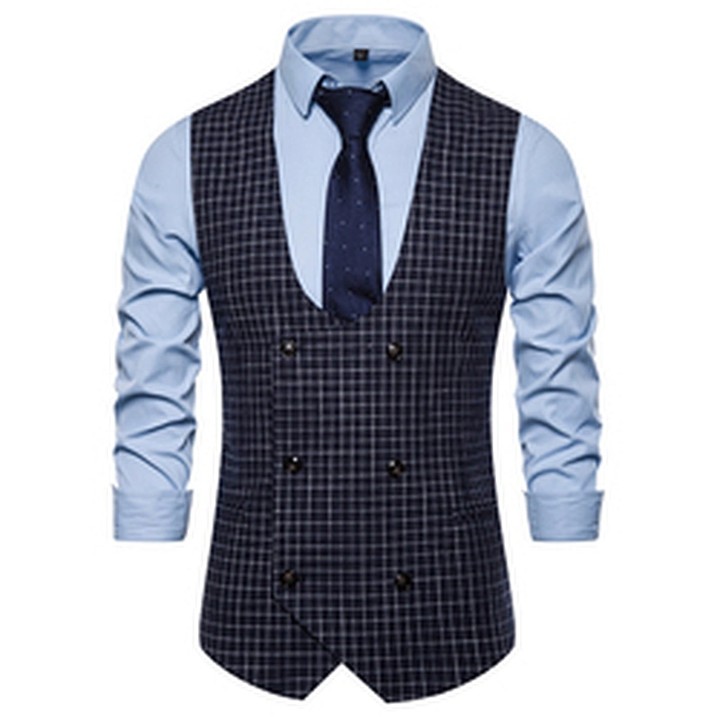 Casual Men Vest Waistcoat Formal Plaid Suit Vest Men Double Breasted Cotton Chalecos Hombre