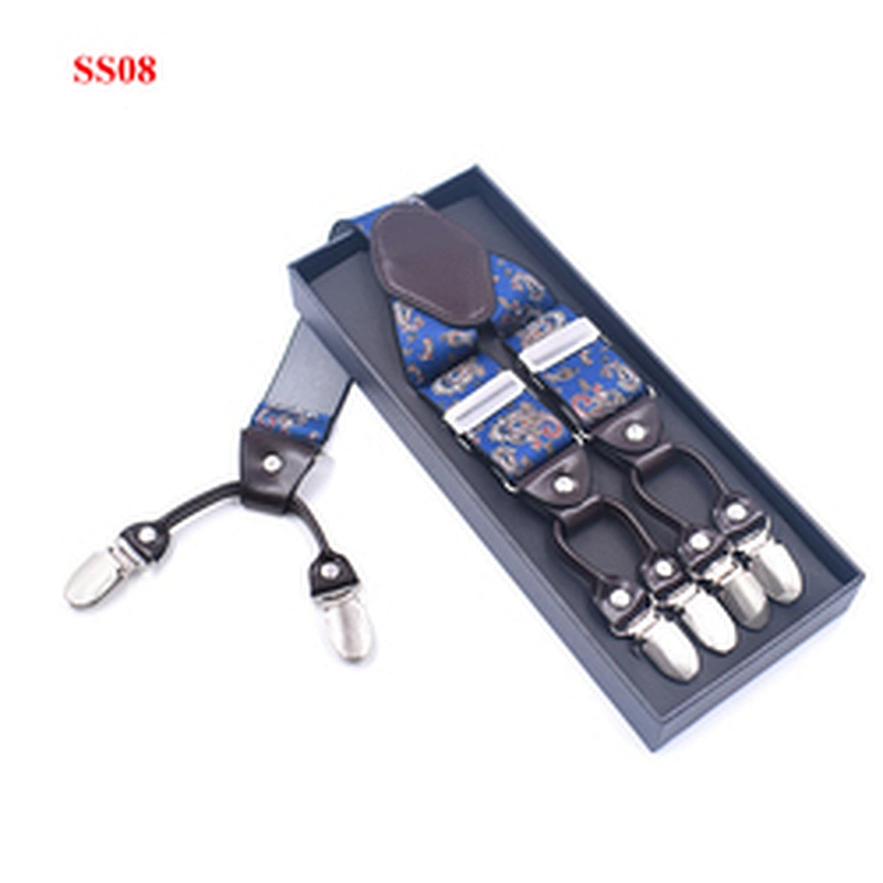 Wholesale 3.5cm width elastic adjustable Printing 6 Clip Y Shape  Suspenders For Men Trousers