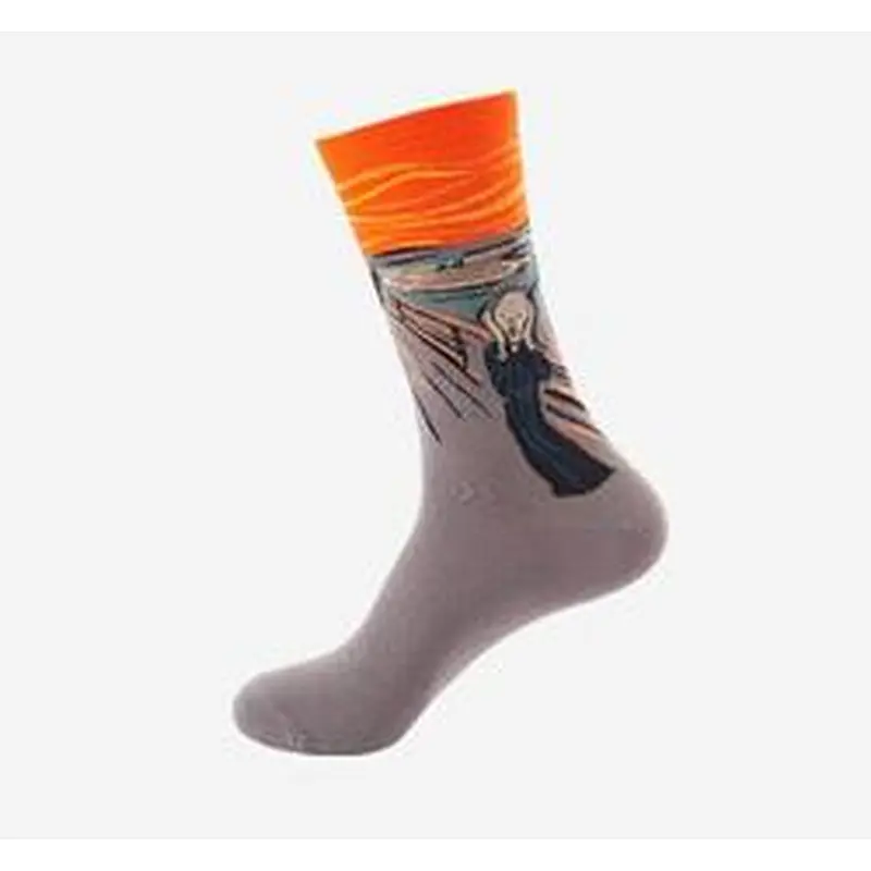 Custom Logo Wholesale Knitted Woven Fashion Colorful Fun Crew Cotton Popular Oil Painting Mens Funny Socks