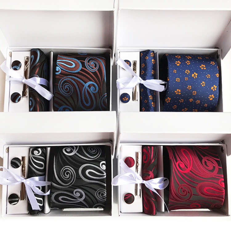 Floral Tie Clip Pocket Square and Cufflink Set Gift Box Fashion Neckties With Pocket Squares Custom Men Ties and Hanky Set