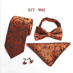 Custom Bow Tie Necktie Set Gift Box Paisley Mens Neck Tie Set Fashion Tie Pocket Square And Cufflink Set