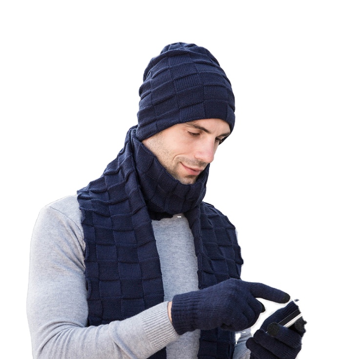 New Arrival Men Winter Warm Knit Beanie Hat Cap and Scarf Gloves 3 piece Set