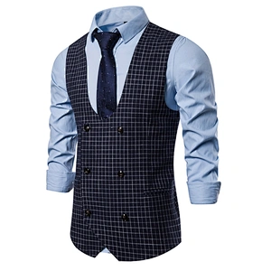 Casual Men Vest Waistcoat Formal Plaid Suit Vest Men Double Breasted Cotton Chalecos Hombre