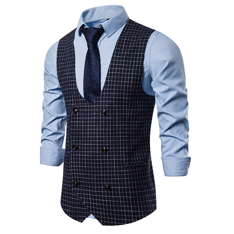 Casual Men Vest Waistcoat Formal Plaid Suit Vest Men Double Breasted Cotton Chalecos Hombre