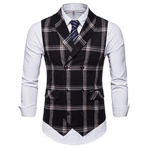 Formal Men Vest Waistcoat Blue Casual Gilet Vest Double Breasted Cotton Lattice Suit Vest Men