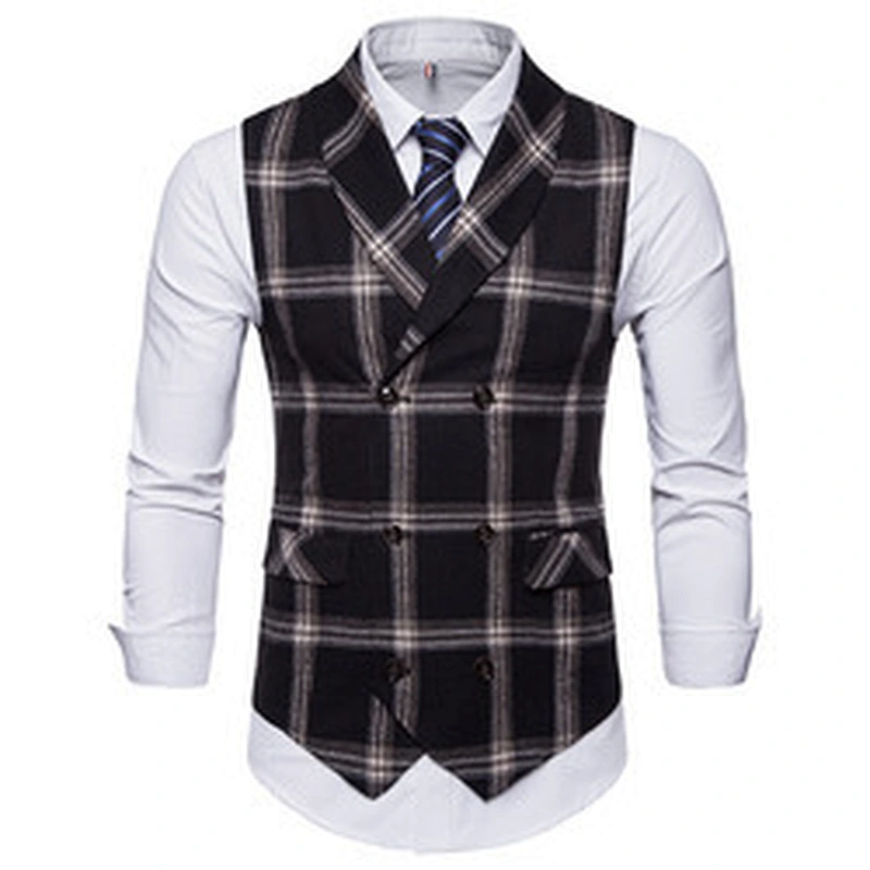 Formal Men Vest Waistcoat Blue Casual Gilet Vest Double Breasted Cotton Lattice Suit Vest Men