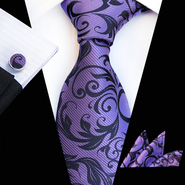 Wholesale Men Ties and Hanky Set Fashion Purple Neckties With Pocket Squares Paisley Tie Pocket Square and Cufflink Set
