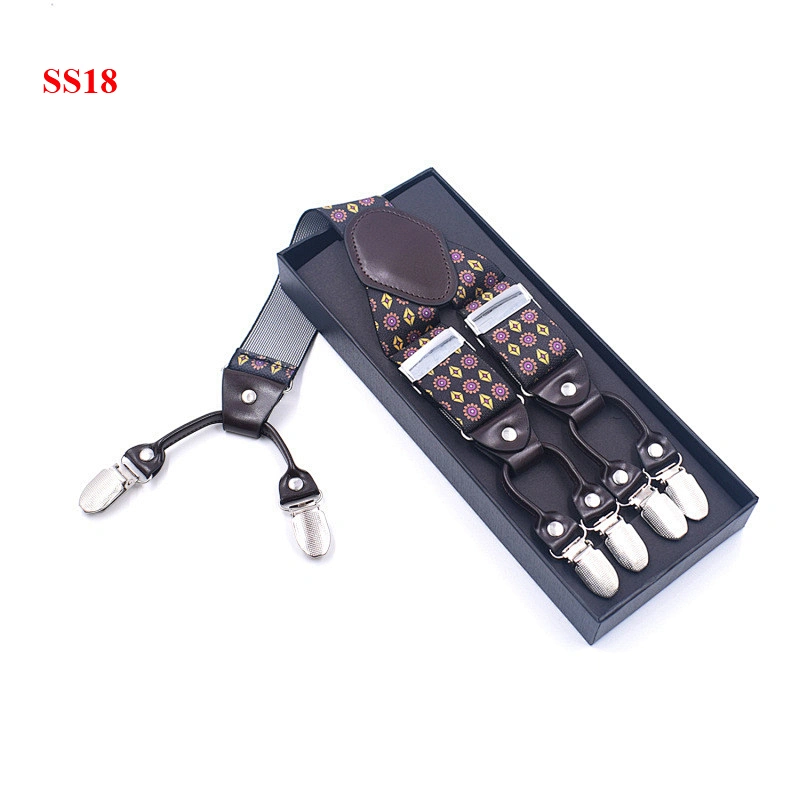 Wholesale 3.5cm width elastic adjustable Printing 6 Clip Y Shape  Suspenders For Men Trousers