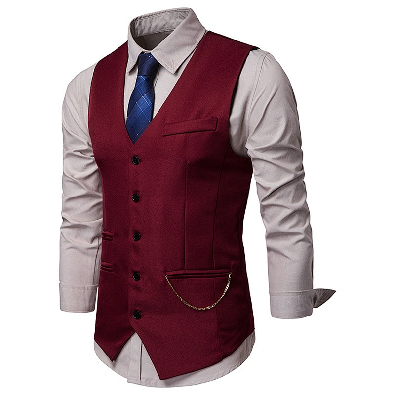 Casual Men Vest Waistcoat Formal Single Breasted Suit Vest Men Solid Cotton Chalecos Para Hombre With Chains