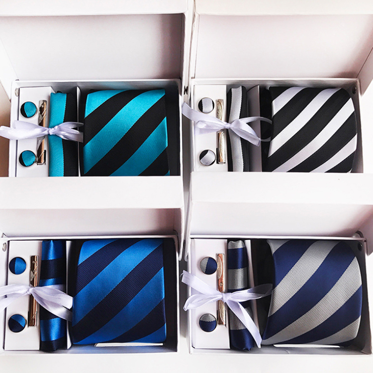Classic Stripe Men Ties and Hanky Set Custom Neckties with Pocket Squares Tie Clip Pocket Square and Cufflink Set in Gift Box