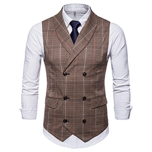 Khaki Suit Vest Men Formal Men Vest Waistcoat Double Breasted Casual Cotton Plaid Chalecos Hombre