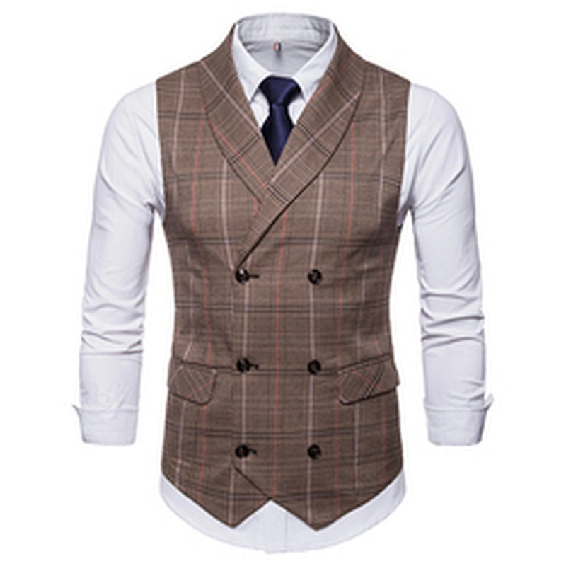 Khaki Suit Vest Men Formal Men Vest Waistcoat Double Breasted Casual Cotton Plaid Chalecos Hombre