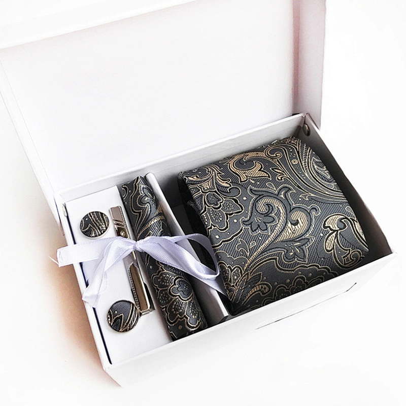 Floral Tie Clip Pocket Square and Cufflink Set Gift Box Fashion Neckties With Pocket Squares Custom Men Ties and Hanky Set