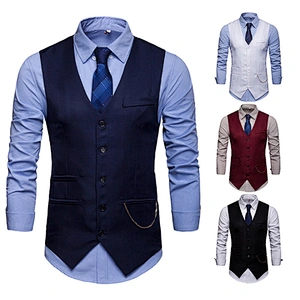 Casual Men Vest Waistcoat Formal Single Breasted Suit Vest Men Solid Cotton Chalecos Para Hombre With Chains