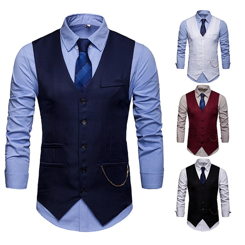 Casual Men Vest Waistcoat Formal Single Breasted Suit Vest Men Solid Cotton Chalecos Para Hombre With Chains