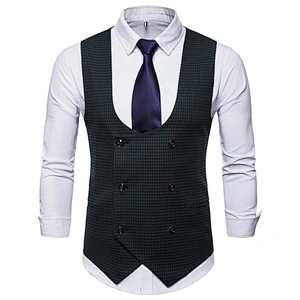 Cotton Chalecos Hombre Casual Double Breasted Men Vest Waistcoat Formal Plaid Suit Vest Men